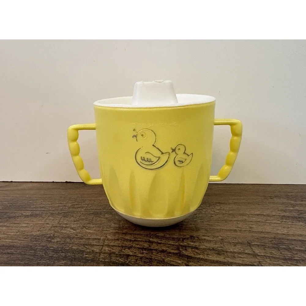 Vintage Yellow Weighted Duck Wobble Toddler Cup Handles & Lid Sanitoy 1971